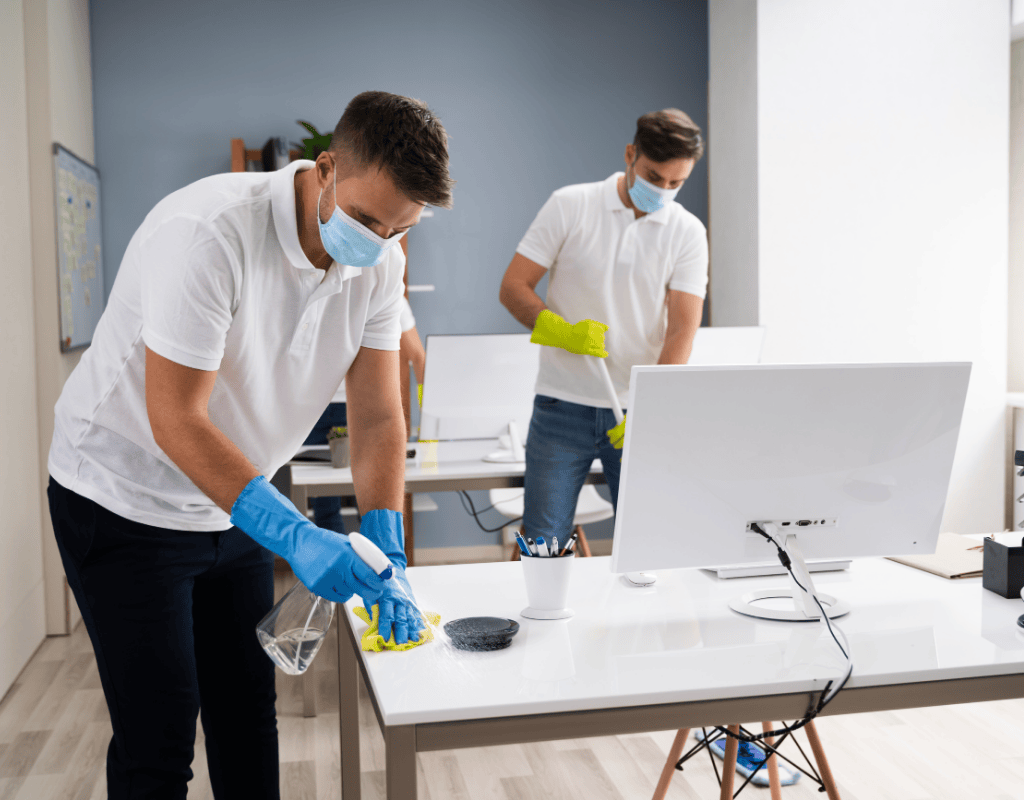 janitorial team disinfecting office desks and equipment wearing gloves and masks
